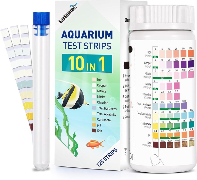 SaySummer Aquarium Test Strips for Saltwater Tank: 10-in-1 125 Counts Salt Water Aquarium Water Test Kit, Fish Tank Test Strips for Testing Salt Chlorine Copper Nitrate pH and More, AQSTTN24 - Image 1